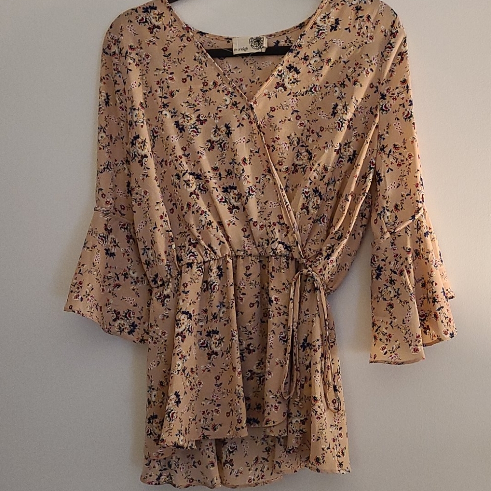 Everleigh Floral Wrap Blouse - Beige and Blue